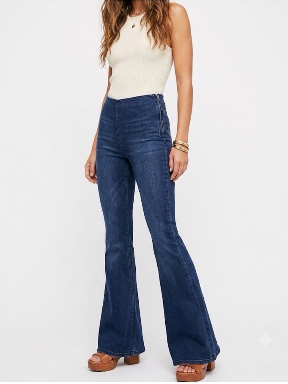FREE PEOPLE Penny Pull On Flare Stretch Jeans High Waisted Bell Bottom Denim 30
